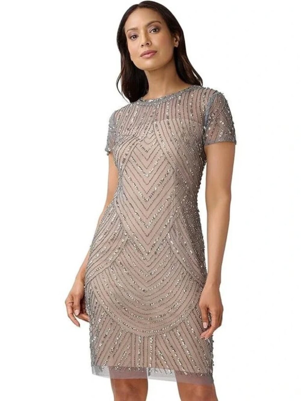 Sterling/Nude Short Beaded Cocktail Dress